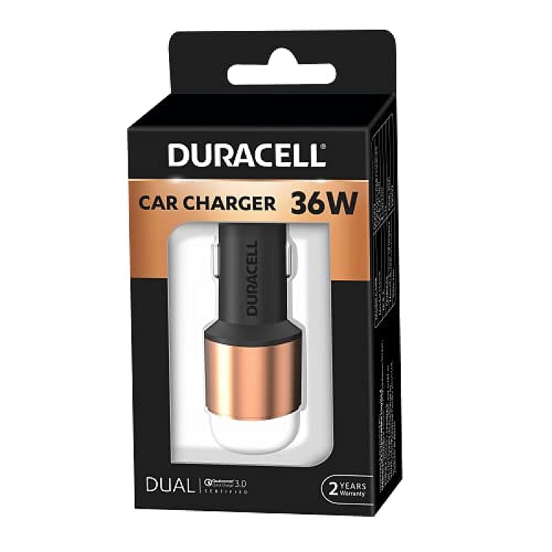 Duracell 65W Fast Car Charger Adapter with Dual Output. Quick Charge, Type C PD 45W Qualcomm Certified 3.0 20W (Copper  Black)