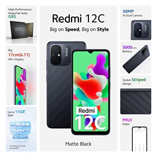 Redmi 12C (Matte Black, 4GB RAM, 128GB Storage)
