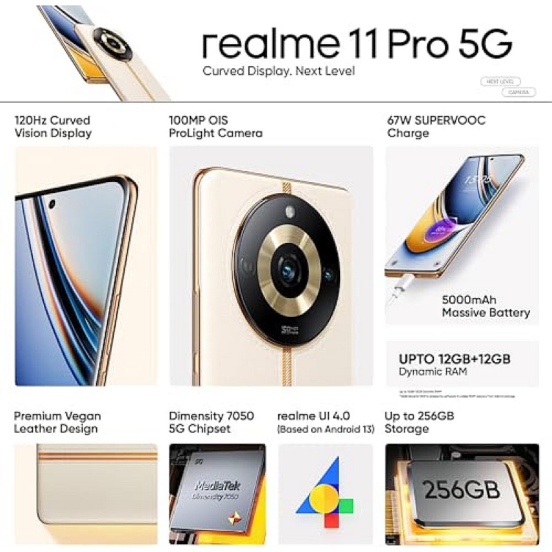 Realme 11 Pro 5G (Sunrise Beige, 8GB RAM, 256GB Storage) Refurbished