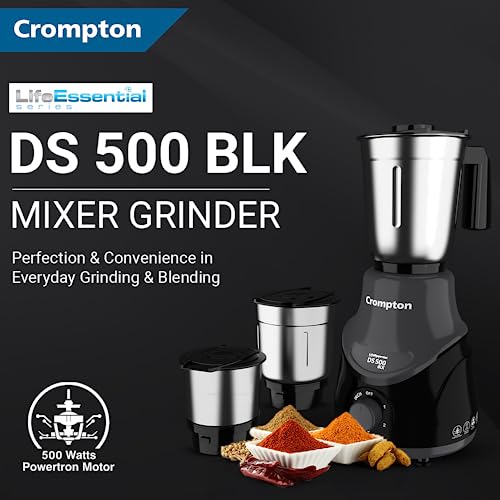 Crompton DS 500 BLK 500-Watt Mixer Grinder with Powertron Motor Motor Vent-X Technology (3 Stainless Steel Jars, Black Grey Crompton DS 500 BLK 500-Watt Mixer Grinder with Powertron Motor Motor Vent-X Technology (3 Stainless Steel Jars, Black Grey
