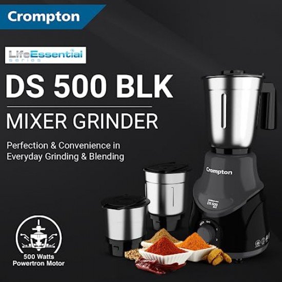 Crompton DS 500 BLK 500-Watt Mixer Grinder with Powertron Motor Motor Vent-X Technology (3 Stainless Steel Jars, Black Grey