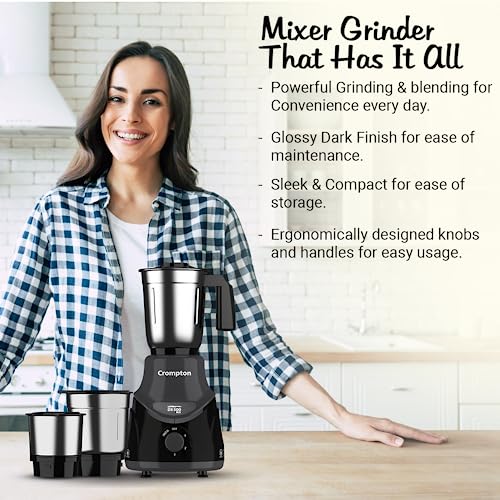 Crompton DS 500 BLK 500-Watt Mixer Grinder with Powertron Motor Motor Vent-X Technology (3 Stainless Steel Jars, Black Grey Crompton DS 500 BLK 500-Watt Mixer Grinder with Powertron Motor Motor Vent-X Technology (3 Stainless Steel Jars, Black Grey