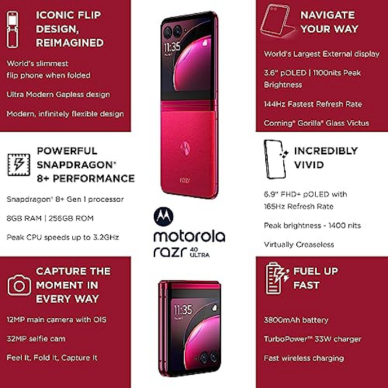 Motorola razr 40 Ultra (Viva Magenta, 8GB RAM, 256GB Storage) Refurbished