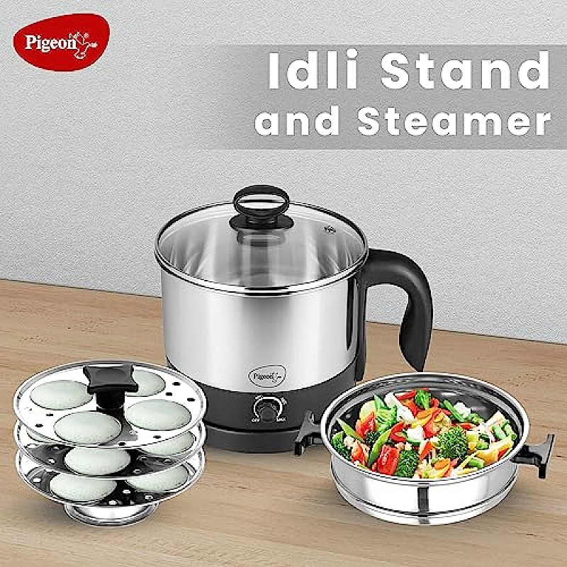 Pigeon by Stovekraft 1.5 Liters Multipurpose Kessel 3 in 1 Value Pack, Multi Cooker, Idli Stand (Black & silver)