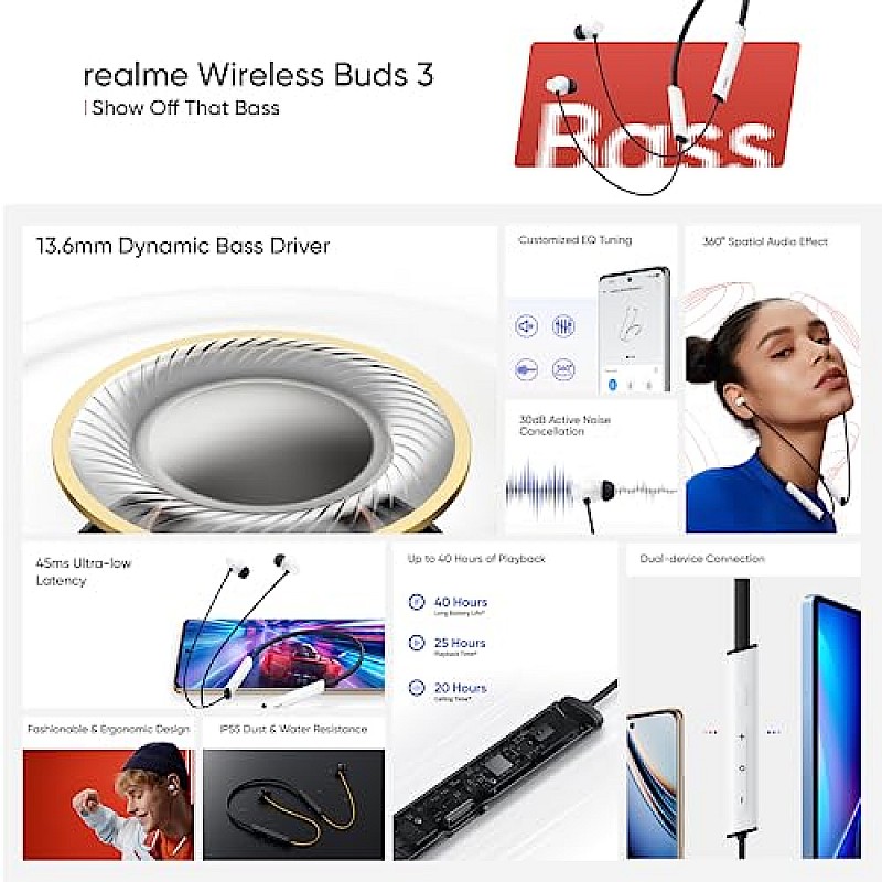 realme Buds Wireless 3 in-Ear Bluetooth Neckband 30dB ANC, Spatial Audio Up to 40 Hours Playback Black