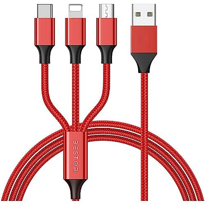 BESTOR Multi Charging Cable 3 in 1 Nylon Braided Multiple USB Fast Charging Cable for Android, iOS and Type C Devices USB Port Connectors (Red)