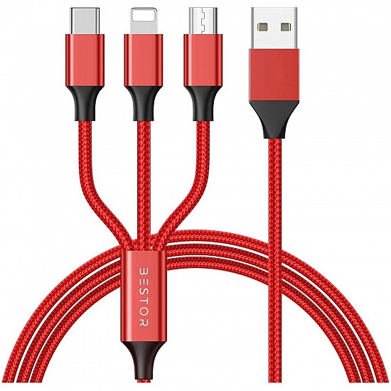 BESTOR Multi Charging Cable 3 in 1 Nylon Braided Multiple USB Fast Charging Cable for Android, iOS and Type C Devices USB Port Connectors (Red)