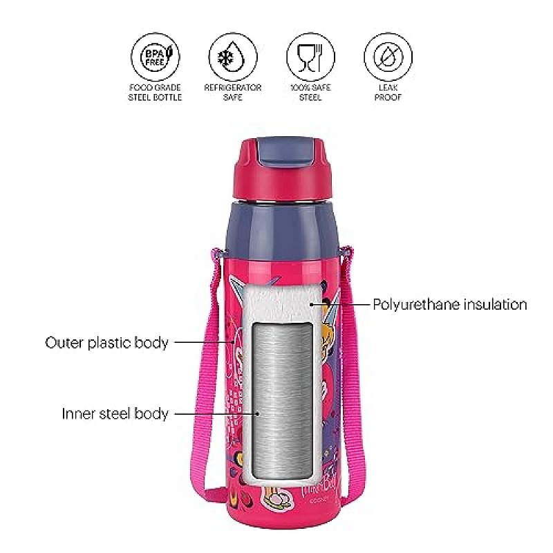 CELLO Puro Steel-X Hydra Kid 600 Water Bottle PU Insulation School Bottle Picnic Bottle Cold Insulation Bell 520ml  Pink