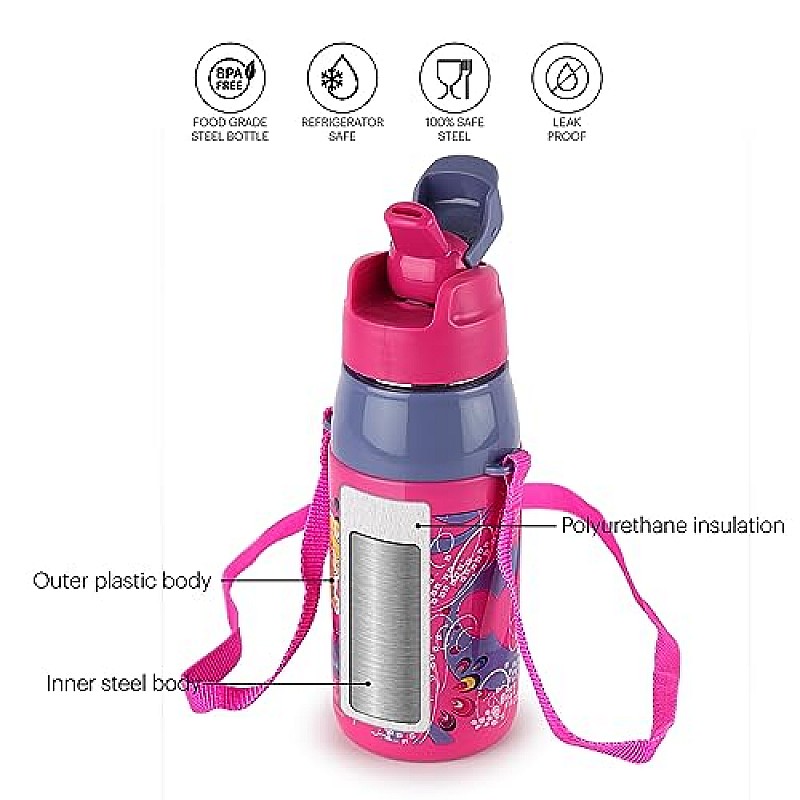 CELLO Puro Steel-X Hydra Kid 600 Water Bottle PU Insulation School Bottle Picnic Bottle Cold Insulation Bell 520ml  Pink