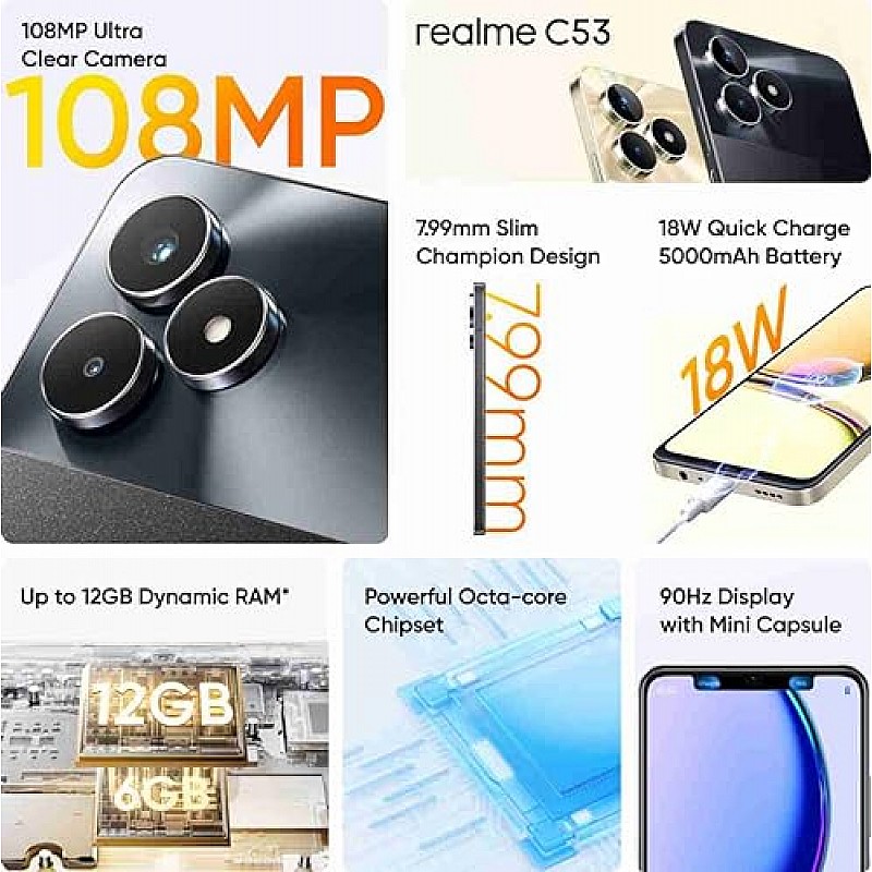 realme C53 (Champion Black, 6GB RAM, 128 GB Storage) Refurbished