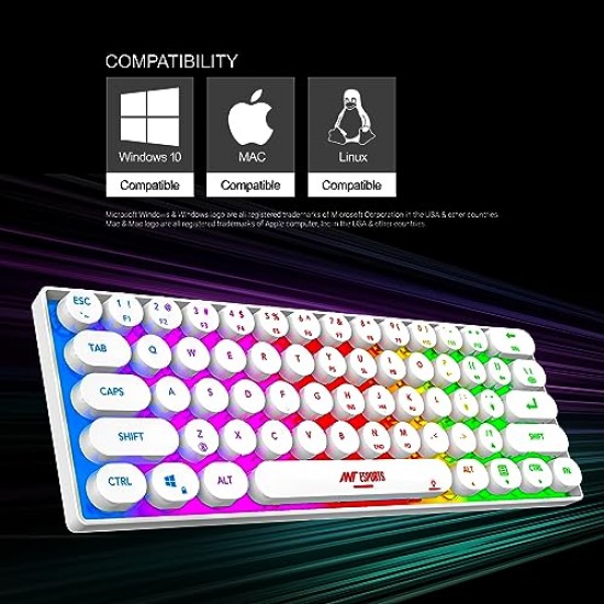 Ant Esports MK1500 Retro Style Mini 60% Pro RGB Wireless Gaming Keyboard with Membrane Switches White