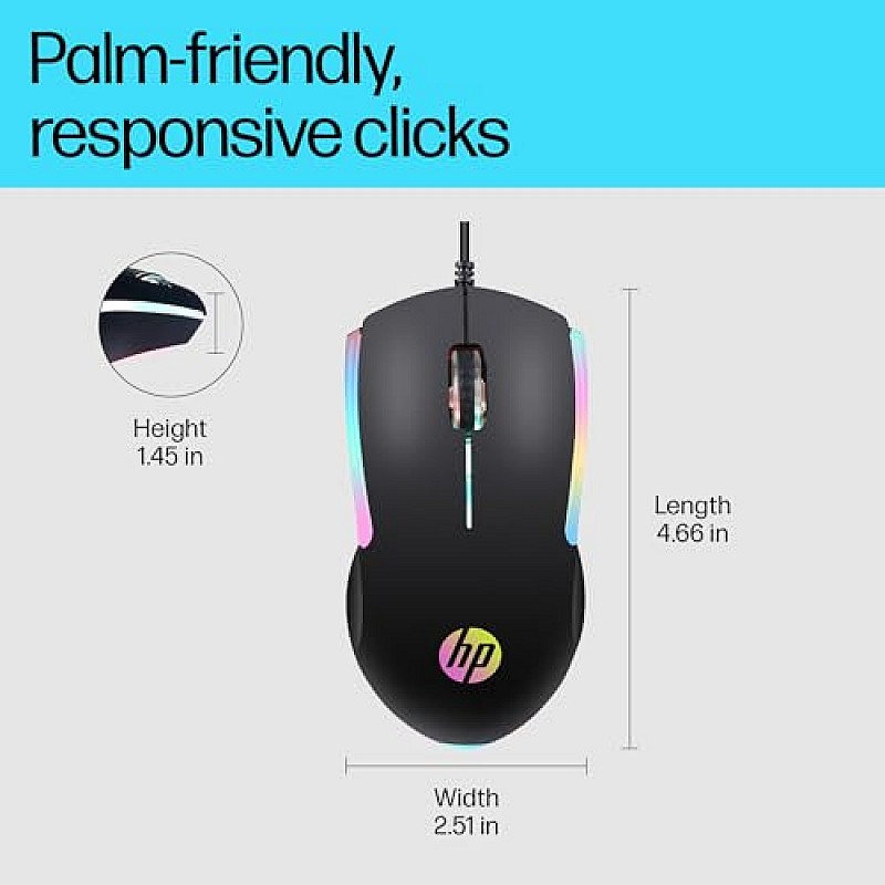 HP M160 USB Wired Gaming Optical Mouse with LED Backlight, 1000 DPI, 3 Buttons Black