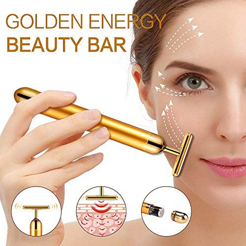 Synaty 2In1 Battery Powered Vibration Massager, T-Shaped Beauty Bar and V- Shaped Bar, For Face And Body (Golden)