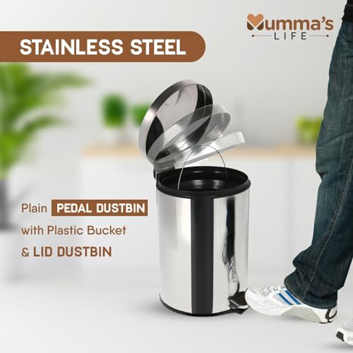 Mumma's LIFE Stainless Steel Plain Pedal Bin with Plastic Bucket And Lid Garbage Bin Trash Can, Round Shape Dustbin For Home Mumma's LIFE Stainless Steel Plain Pedal Bin with Plastic Bucket And Lid Garbage Bin Trash Can, Round Shape Dustbin For Home