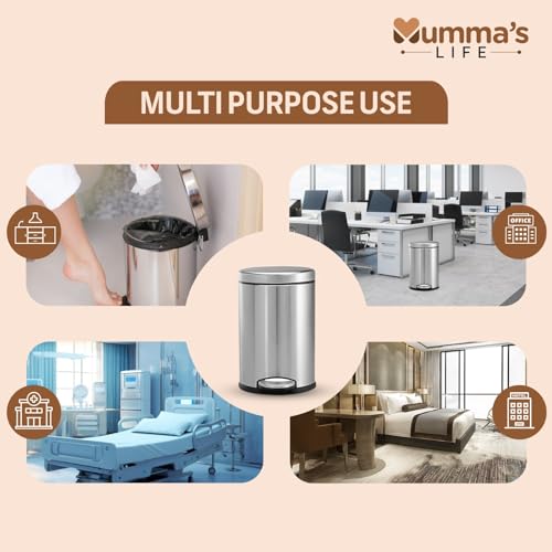 Mumma's LIFE Stainless Steel Plain Pedal Bin with Plastic Bucket And Lid Garbage Bin Trash Can, Round Shape Dustbin For Home Mumma's LIFE Stainless Steel Plain Pedal Bin with Plastic Bucket And Lid Garbage Bin Trash Can, Round Shape Dustbin For Home