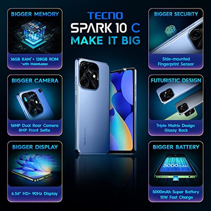 TECNO Spark 10C (Magic Skin Blue, 8GB RAM,128GB Storage) Refurbished 