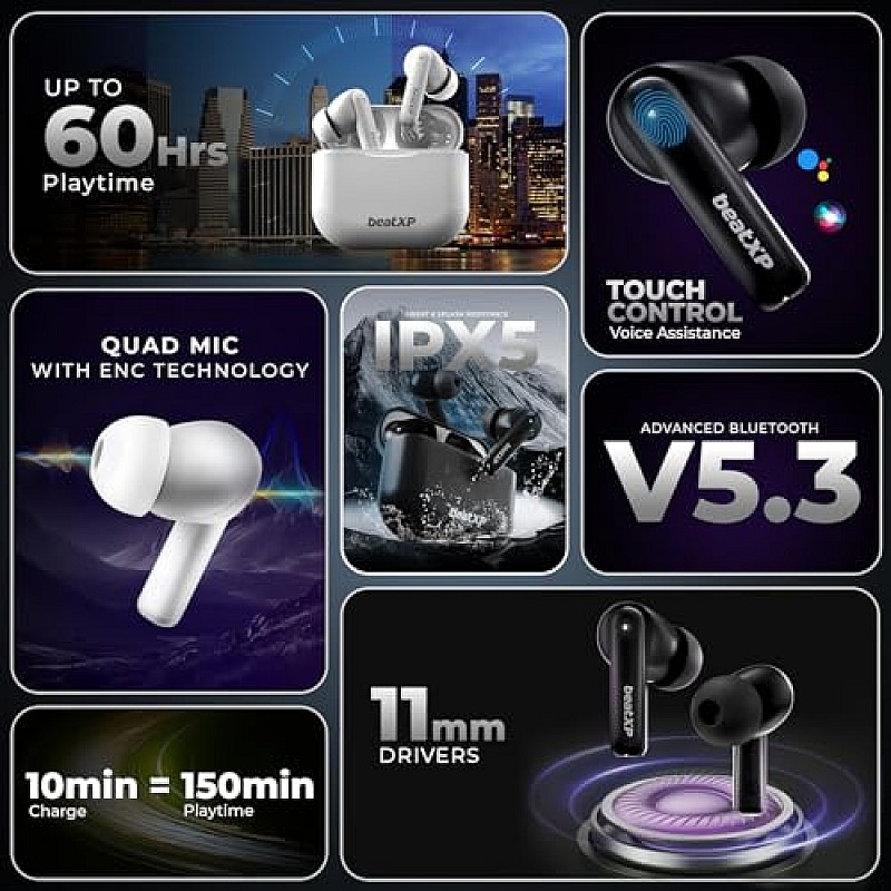 beatXP Vibe XPods Bluetooth True Wireless Ear buds with 60H Playtime, Quad Mic ENC, Gaming Mode Black