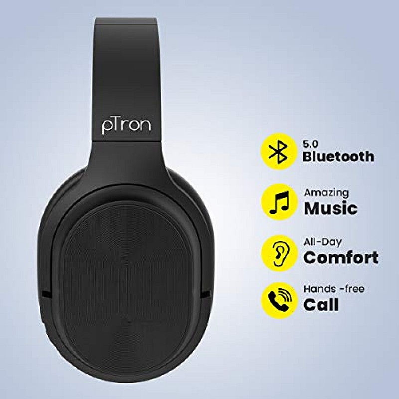 pTron Studio Classic Over Ear Wireless Headphones Black