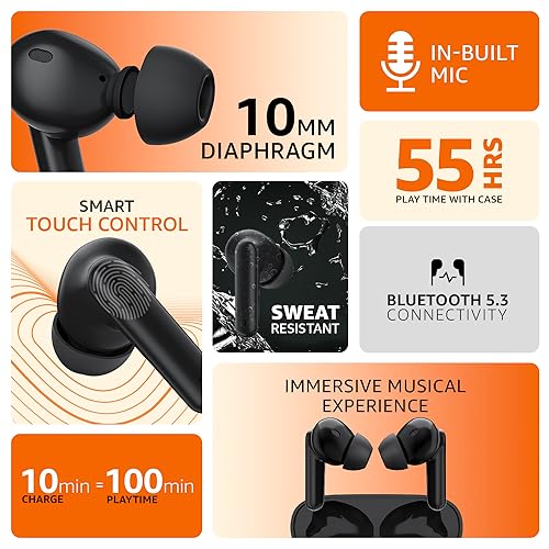 Amazon Basics True Wireless in-Ear Earbuds with Mic, Touch Control, IPX5 Water (Black) Amazon Basics True Wireless in-Ear Earbuds with Mic, Touch Control, IPX5 Water (Black)
