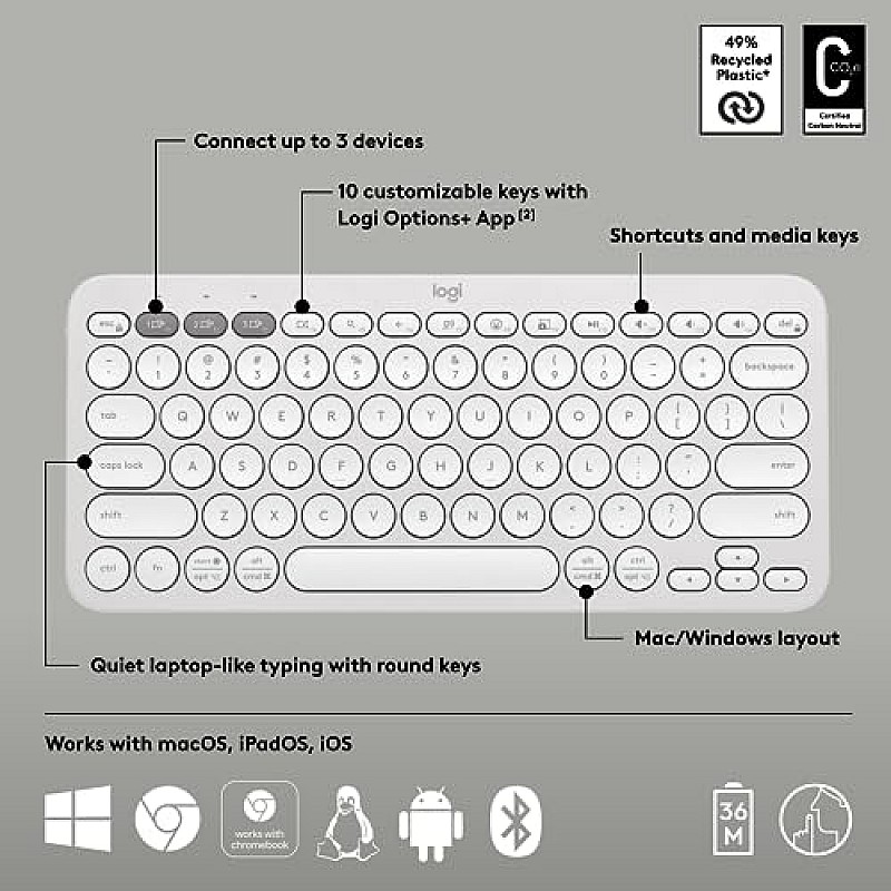 Logitech Pebble Keys 2 K380s, Multi-Device Bluetooth Wireless Keyboard Tonal White