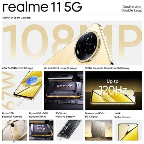 Realme 11 5G (Glory Gold, 8GB RAM, 256GB Storage) Refurbished