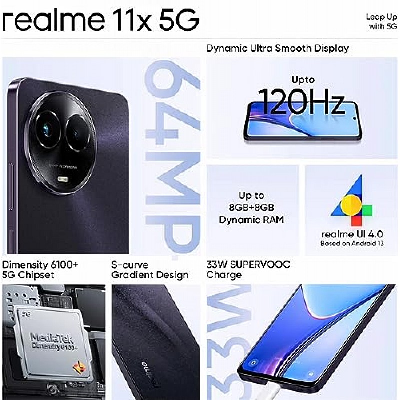 Realme 11x 5G (Midnight Black, 8GB RAM, 128GB Storage) Refurbished