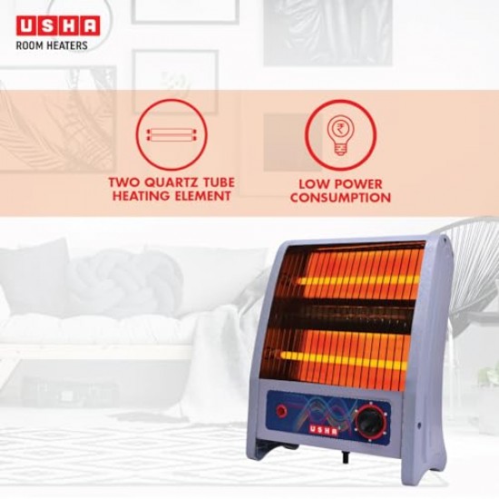 Usha 2 Rod 800 Watt Quartz Heater with Low Power Consumption and Tip Over Protection (4302, Grey)