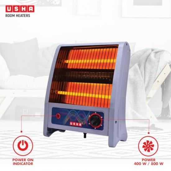 Usha 2 Rod 800 Watt Quartz Heater with Low Power Consumption and Tip Over Protection (4302, Grey)
