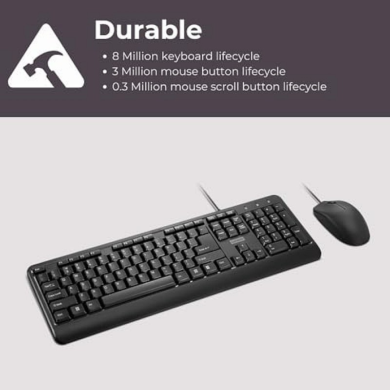 Lenovo 160 Keyboard and Mouse Wired Combo Waterproof Exoskeleton Splash Proof Keys 1600 DPI Full Size Mouse