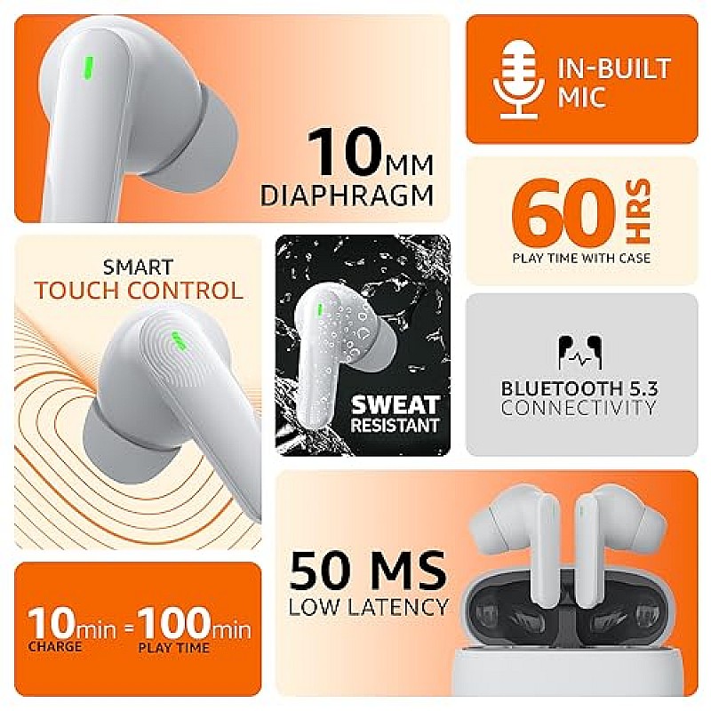 Amazon Basics True Wireless in-Ear Earbuds with Mic Touch Control IPX5  White