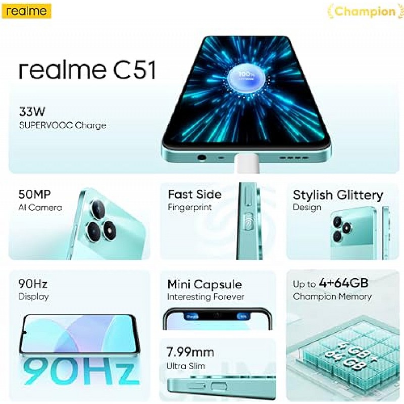 realme C51 (Mint Green, 4GB RAM, 128GB Storage) Refurbished