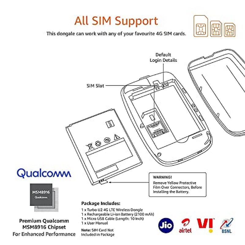 amazon basics 4G LTE Wireless Dongle with All Sim Network Support|Single_Band Plug & Play Data Card Stick with Up to 150Mbps WiFi Hotspot|2100Mah Rechargeable Battery| Sim Adapter Included (Black)