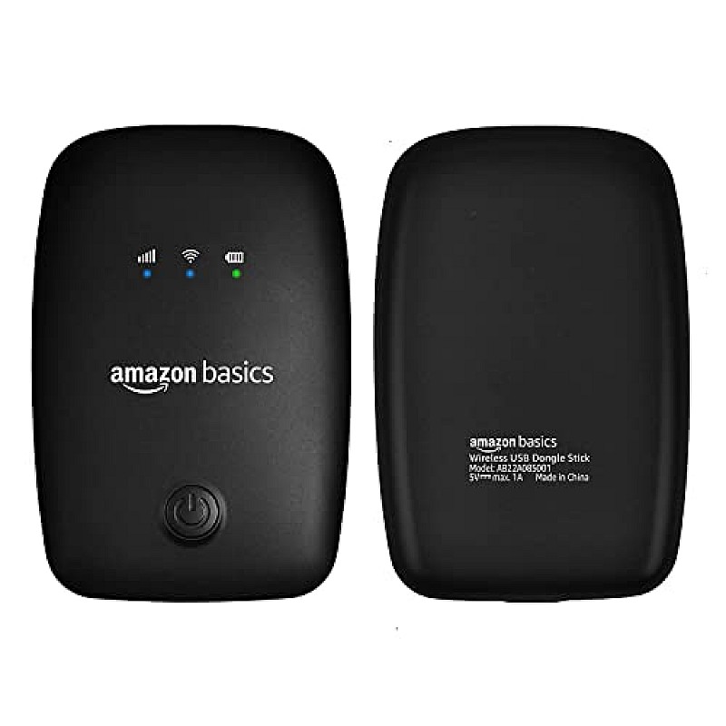 amazon basics 4G LTE Wireless Dongle with All Sim Network Support|Single_Band Plug & Play Data Card Stick with Up to 150Mbps WiFi Hotspot|2100Mah Rechargeable Battery| Sim Adapter Included (Black)