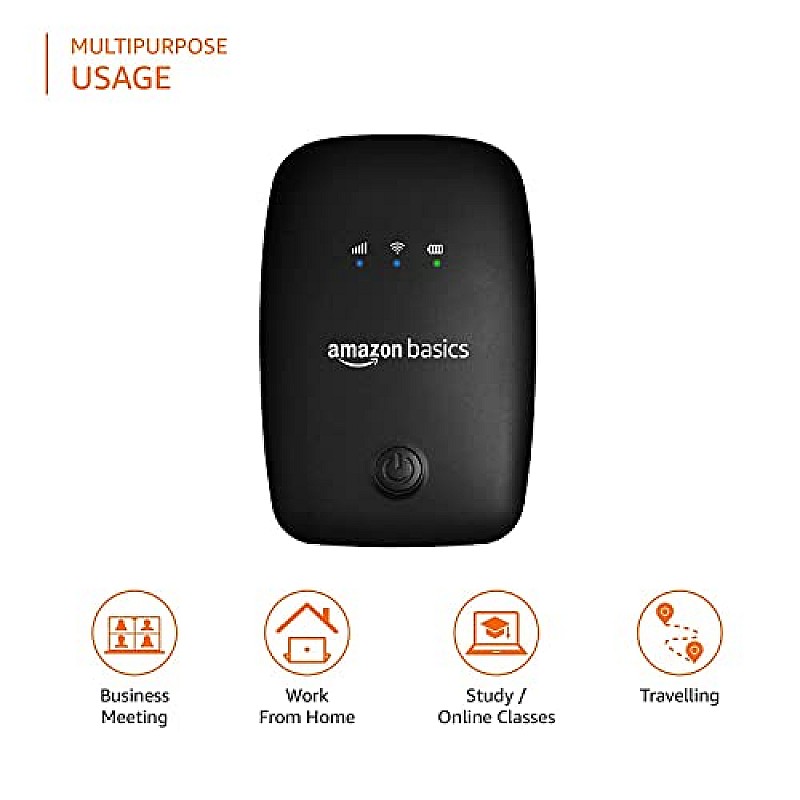 amazon basics 4G LTE Wireless Dongle with All Sim Network Support|Single_Band Plug & Play Data Card Stick with Up to 150Mbps WiFi Hotspot|2100Mah Rechargeable Battery| Sim Adapter Included (Black)