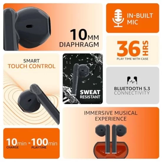 Amazon Basics True Wireless in-Ear Earbuds with Mic, Touch Control (Grey)
