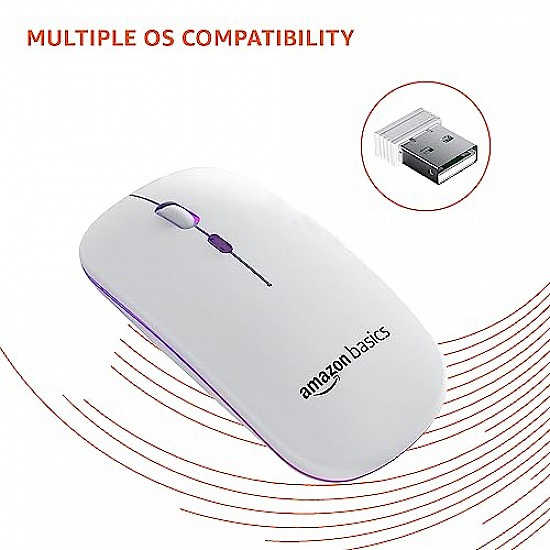 Amazon Basics Rechargeable Wireless Mouse with RGB LED Backlit 1600 DPI Ergonomic Mouse for Laptop, PC