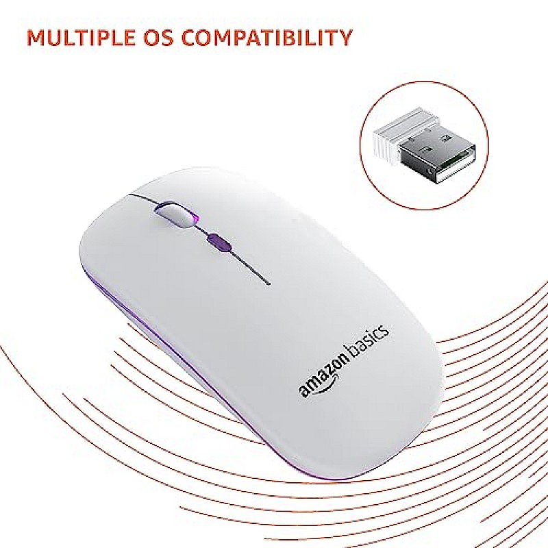 Amazon Basics Rechargeable Wireless Mouse with RGB LED Backlit 1600 DPI Ergonomic Mouse for Laptop, PC