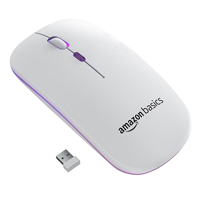 Amazon Basics Rechargeable Wireless Mouse with RGB LED Backlit 1600 DPI Ergonomic Mouse for Laptop, PC