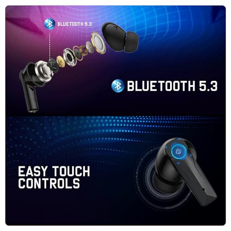 Cosmic Byte CosmoBuds X50 True Wireless Earbuds (TWS), BT 5.3 RGB, 40Hrs, ENC, DNS Quad Mics, IPX5, Voice Assistant (Black)