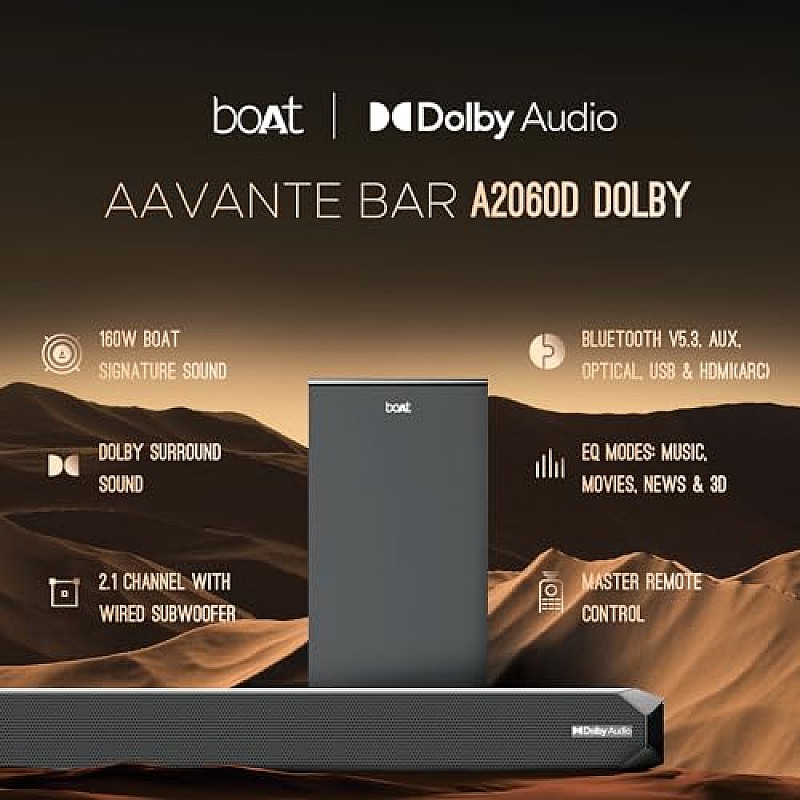 boAt Aavante Bar Rhythm Soundbar with 60W RMS Signature Sound, 2.0 Channel, Multi-Connectivity Modes Carbon Black