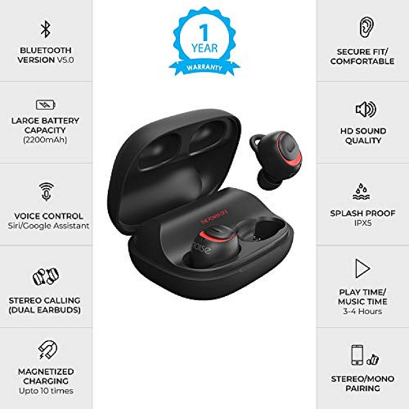 Noise Shots X5 Charge Truly Wireless Bluetooth Earbuds Earphones with Charging Case - Hot Black