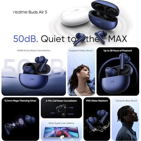 realme Buds Air 5 Truly Wireless in-Ear Earbuds with 50dB ANC, 12.4mm Mega Titanized Dynamic Bass Driver (Deep Sea Blue) realme Buds Air 5 Truly Wireless in-Ear Earbuds with 50dB ANC, 12.4mm Mega Titanized Dynamic Bass Driver (Deep Sea Blue)