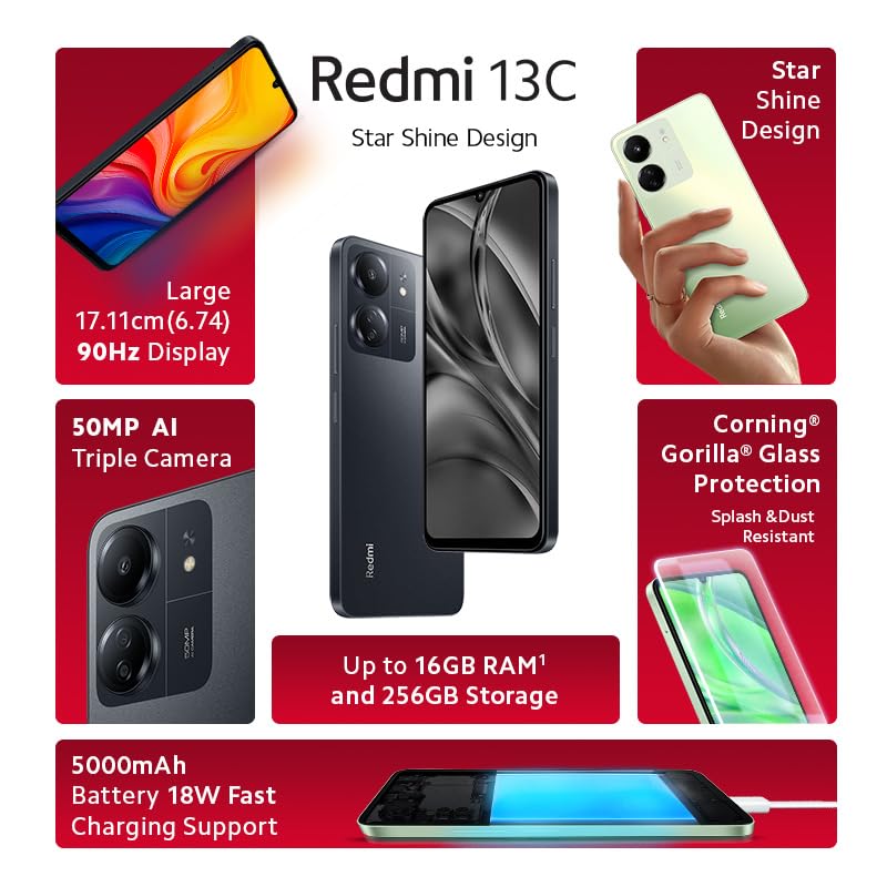 Redmi 13C (Stardust Black, 8GB RAM, 256GB Storage) Refurbished