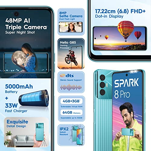 TECNO Spark 8 Pro (Turquoise Cyan, 4GB RAM,64GB Storage) Refurbished