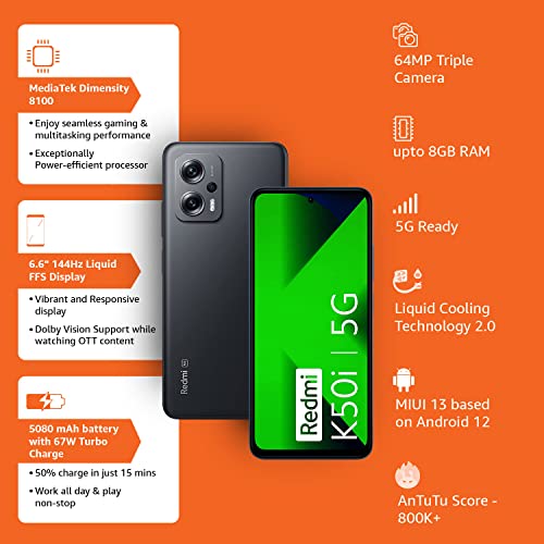 Redmi K50i 5G (Stealth Black, 6GB RAM, 128GB Storage) Refurbished
