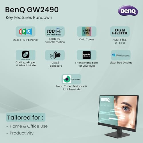 BenQ GW2490 24 1920x1080p FHD IPS Monitor 100Hz sRGB|Eye-careU|Dual HDMI (Black) BenQ GW2490 24 1920x1080p FHD IPS Monitor 100Hz sRGB|Eye-careU|Dual HDMI (Black)