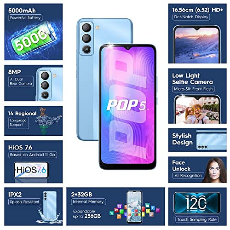 Tecno Pop 5 LTE (Ice Blue, 2GB RAM,32GB Storage) Refurbished