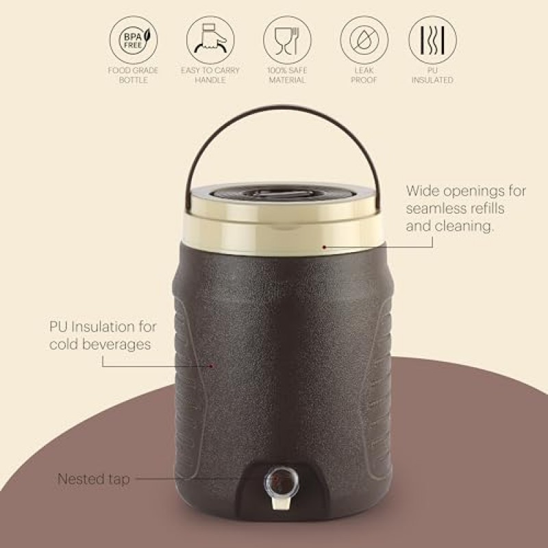 Cello Igloo Pastic Insulated Water Jug | Thermos Jug | Inner Stainless Steel Jug | Leak Proof Jug | Easy to Carry | Ideal for Travel, Picnic, Homes, Offices, Shops, and Clinics 6 litres, Brown