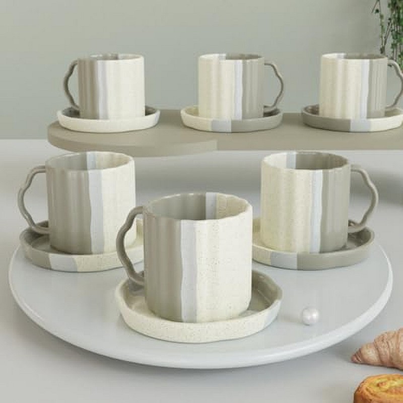 The Earth Store Tritone Grey Frontier Tea Cup with Saucer Set of 6-200ml Each Capacity, Microwave and Dishwasher Safe