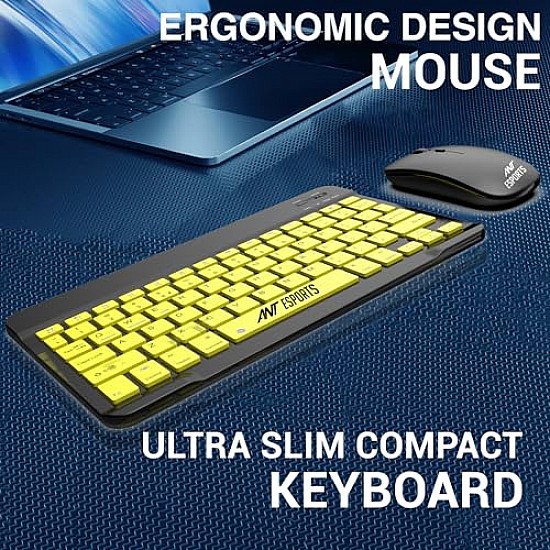 Ant Esports WKM11 Wireless Keyboard and Mouse Combo, Ultra Compact Slim Keyboard and Ergonomic Mouse for Desktop Black Cyan.